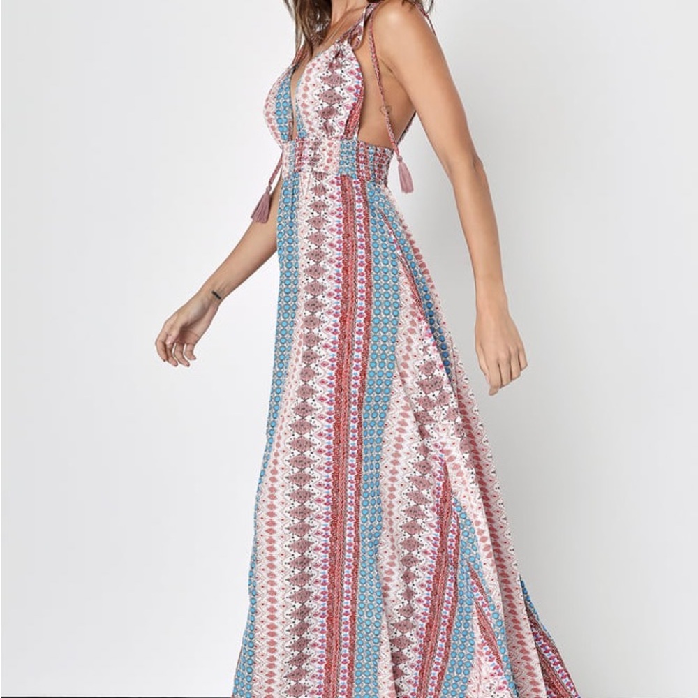 Maxin' Relaxin' Blue Multi Print Sleeveless‎ Tie-Strap Maxi Dress MEDIUM